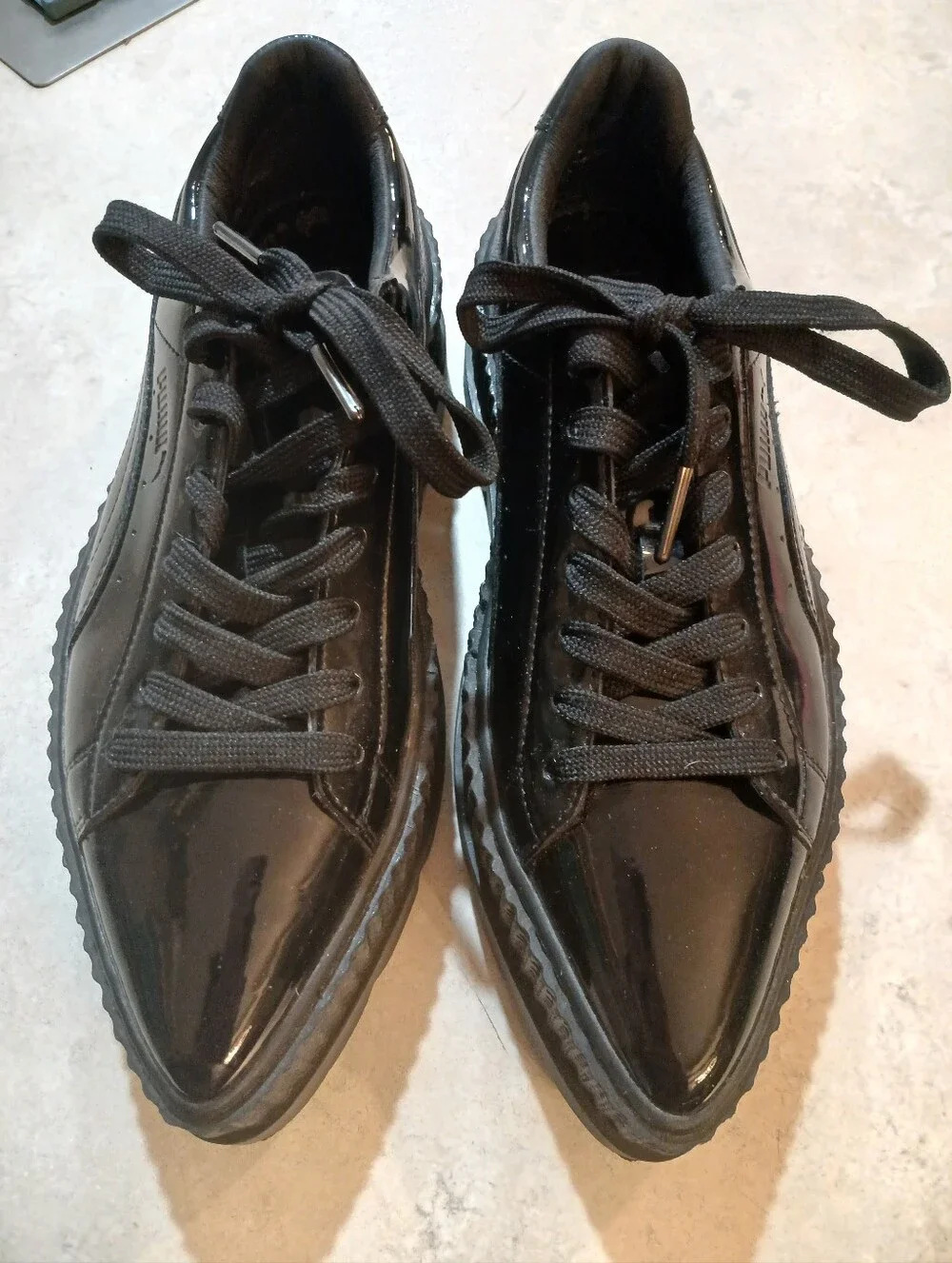 Puma Fenty x Pointy Creeper in the patent black colorway 7.5